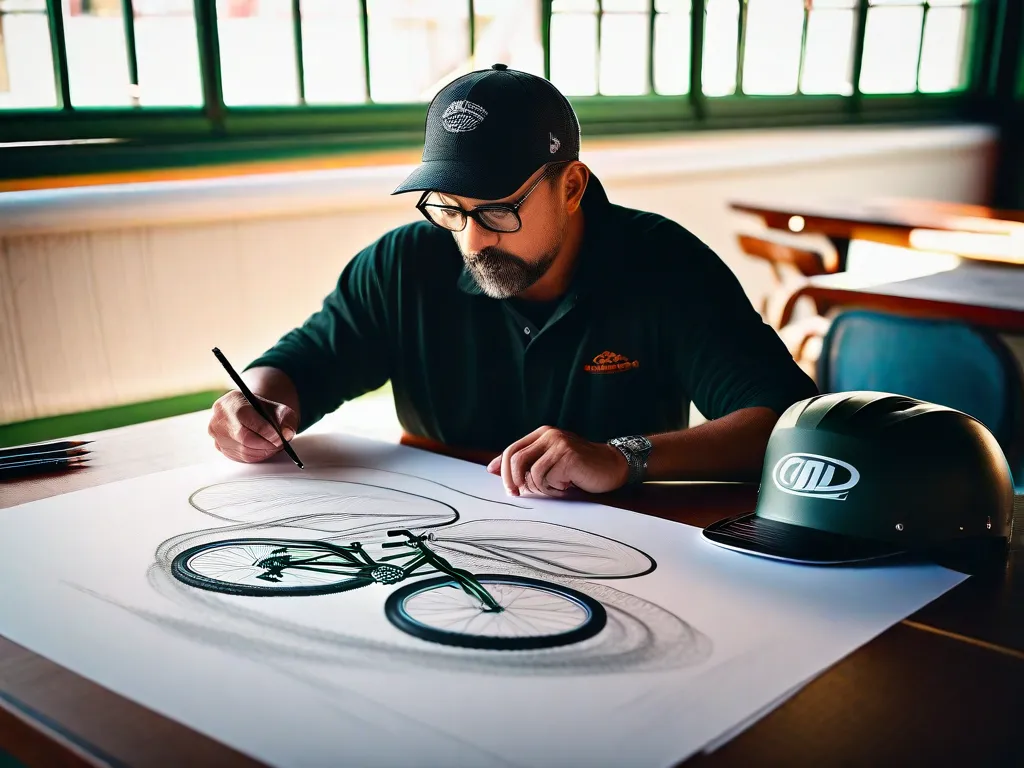A imagem mostra as mãos graciosas de um artista desenhando delicadamente uma bicicleta em uma tela em branco. O lápis desliza sem esforço, capturando os detalhes intricados do quadro, rodas e guidão da bicicleta. A expressão concentrada do artista reflete sua paixão tanto pela arte quanto pelo ciclismo, fundindo os dois mundos criativos em uma obra-prima.