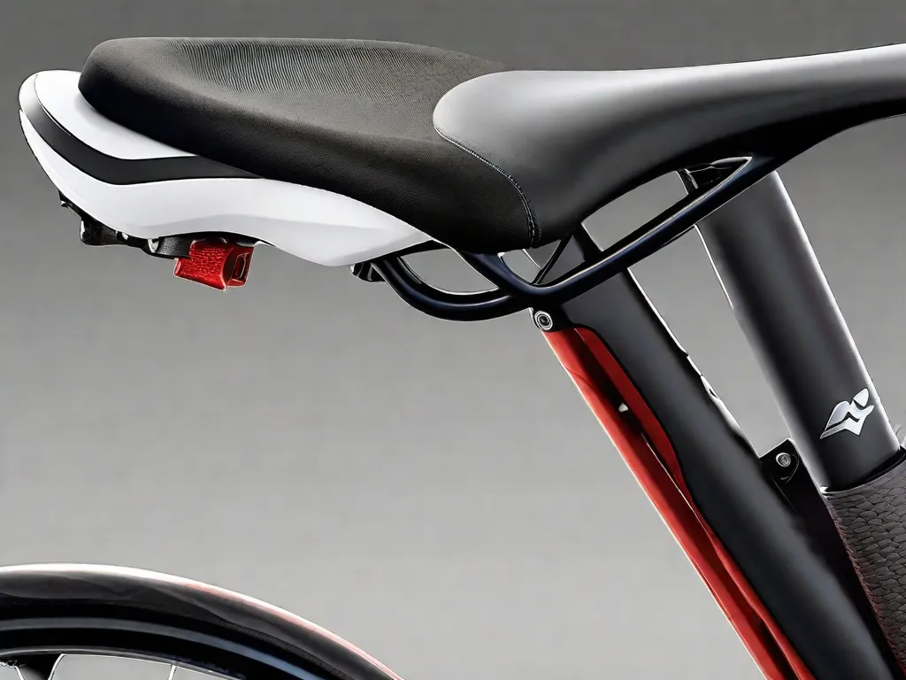 Uma imagem em close-up de um assento de bicicleta elegante e ergonômico, com acolchoamento e recursos ajustáveis. O assento foi projetado para oferecer máximo conforto e suporte em longos passeios, com seu design elegante e materiais de alta qualidade garantindo uma experiência de ciclismo suave e agradável.