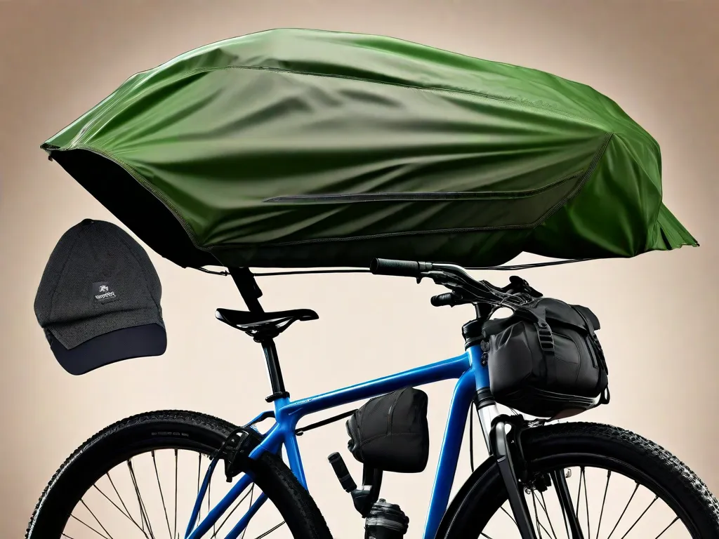 Uma imagem em close-up de uma bicicleta com uma variedade de acessórios relacionados ao clima anexados: uma capa de selim à prova d'água, paralamas para proteção contra respingos de lama, uma luz dianteira e traseira para visibilidade e uma pequena bolsa contendo uma jaqueta e luvas para chuva.