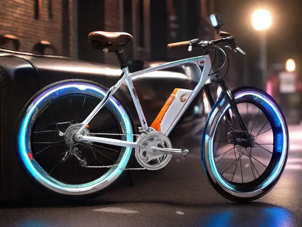 Uma bicicleta está apoiada contra uma parede rústica de tijolos, equipada com elegantes luzes de LED, um resistente bagageiro preto sobre a roda traseira e uma vibrante garrafa de água vermelha em um suporte. Um computador de ciclismo sem fio está montado no guidão, e manoplas ergonômicas adornam as extremidades.