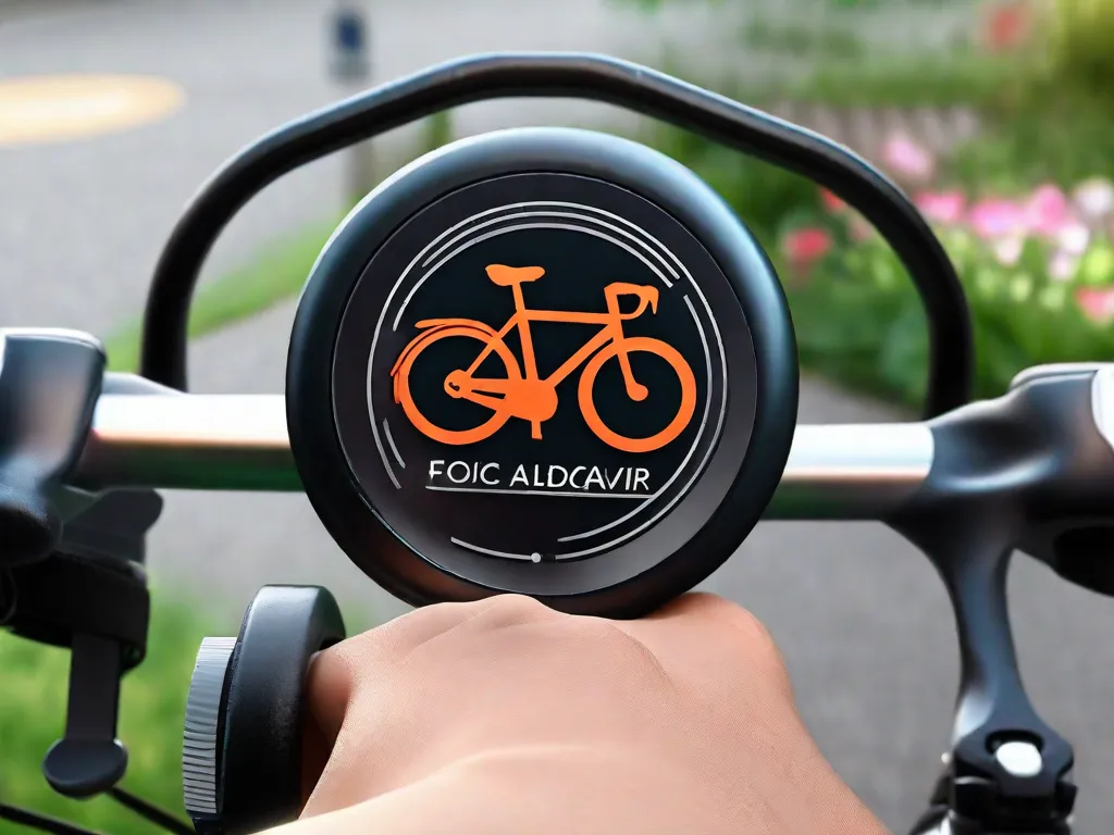 Um close-up de uma mão no guidão de uma bicicleta, com um símbolo de cadeira de rodas exibido em um botão, indicando equipamento adaptativo para ciclistas com deficiências. Ao fundo, uma trilha pavimentada em um parque convida a aventuras inclusivas de ciclismo.