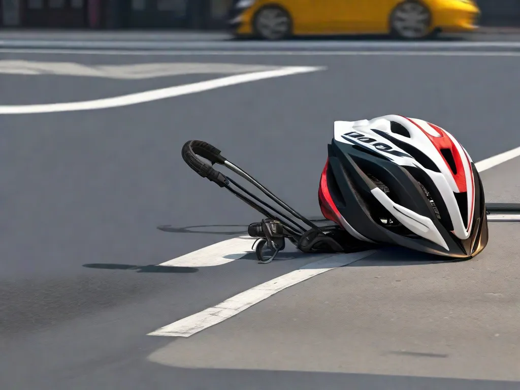 Uma bicicleta amassada jaz em uma estrada urbana vazia, com sua roda dianteira torcida e fora de forma. Por perto, um capacete amassado repousa contra um meio-fio, com marcas de derrapagem se estendendo ao longe, sugerindo uma parada súbita. A cena está desprovida de quaisquer carros ou pedestres.