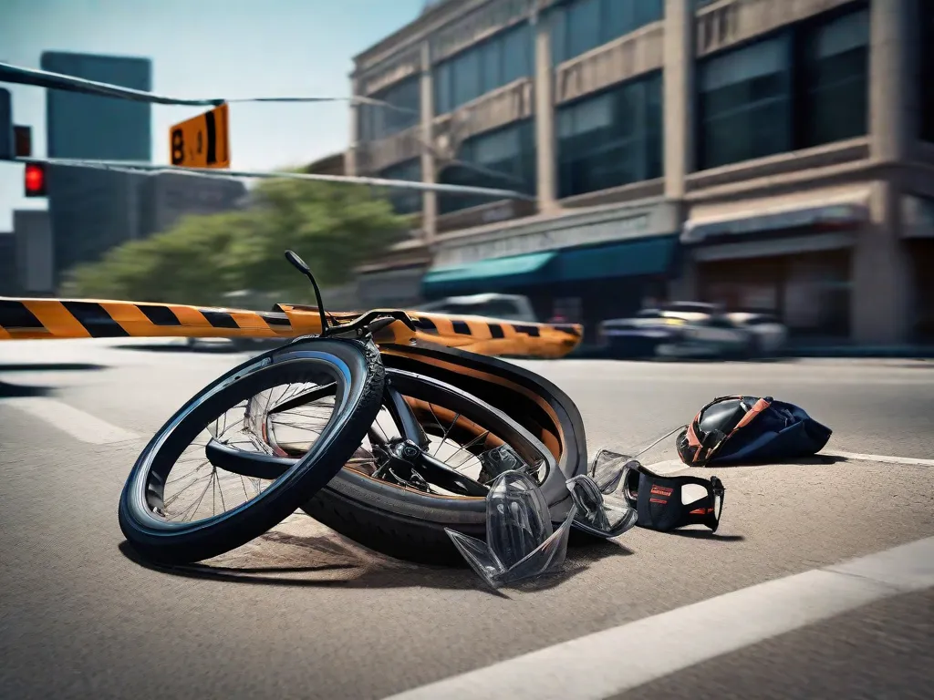 Uma bicicleta amassada jaz ao lado de um movimentado cruzamento da cidade, suas rodas torcidas e o quadro dobrado. Equipamentos de segurança espalhados, incluindo um capacete rachado, são visíveis. Fitas de precaução esvoaçam ao vento, enquanto semáforos desfocados pairam acima.