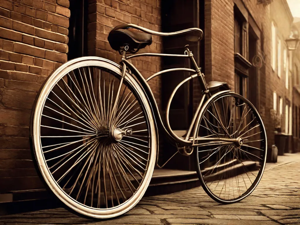 Uma imagem em tons de sépia retratando uma bicicleta de roda alta, também conhecida como