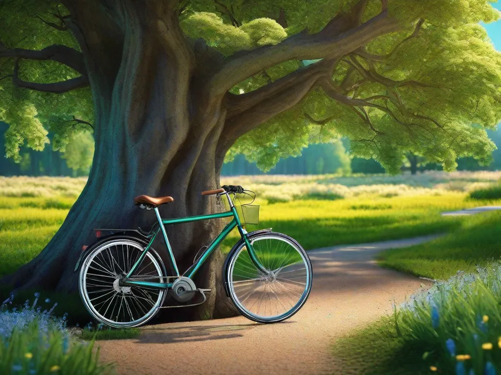 Uma tranquila ciclovia serpenteia por uma floresta exuberante, com a luz do sol filtrada pelas folhas projetando padrões no chão. Uma bicicleta ecológica está encostada em uma árvore, simbolizando um meio de transporte de baixo carbono que está em harmonia com a natureza. Folhas tremulam suavemente na brisa, enfatizando o impacto ambiental tranquilo