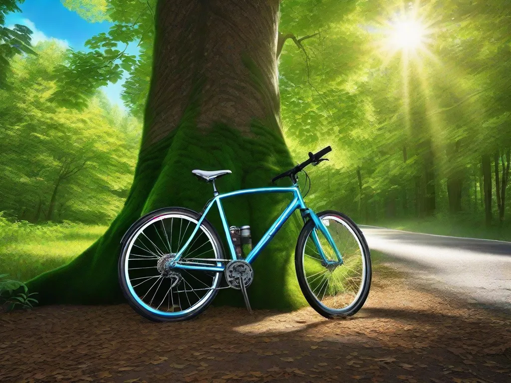 Uma bicicleta está encostada em uma árvore verde vibrante em uma floresta exuberante, com a luz do sol peneirando através das folhas e um céu azul claro espreitando por entre o dossel. Uma garrafa de água reutilizável está presa à bicicleta, enfatizando o transporte ecológico em meio à serena beleza da natureza.