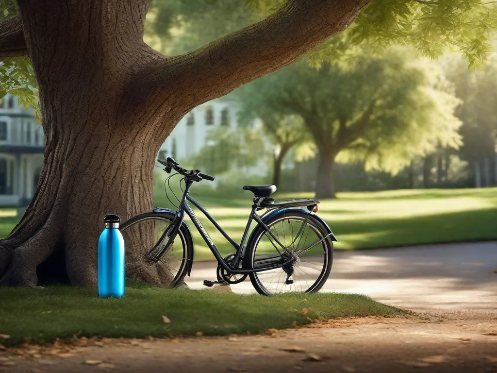 Uma imagem tranquila de uma bicicleta encostada em uma grande árvore sombreada em um ambiente sereno de parque. A garrafa de água da bicicleta está cheia, e há um tapete de ioga preso ao lado, simbolizando um equilíbrio entre exercício e relaxamento.