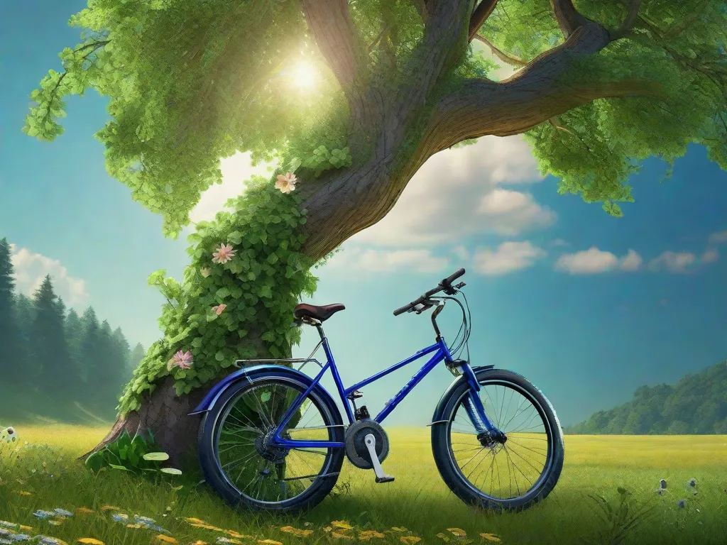 Uma bicicleta está encostada em uma árvore frondosa com um símbolo de reciclagem pintado em seu quadro. Ao fundo, um caminho florestal se estende, salpicado de flores silvestres e folhagem verde, sob um céu azul límpido.