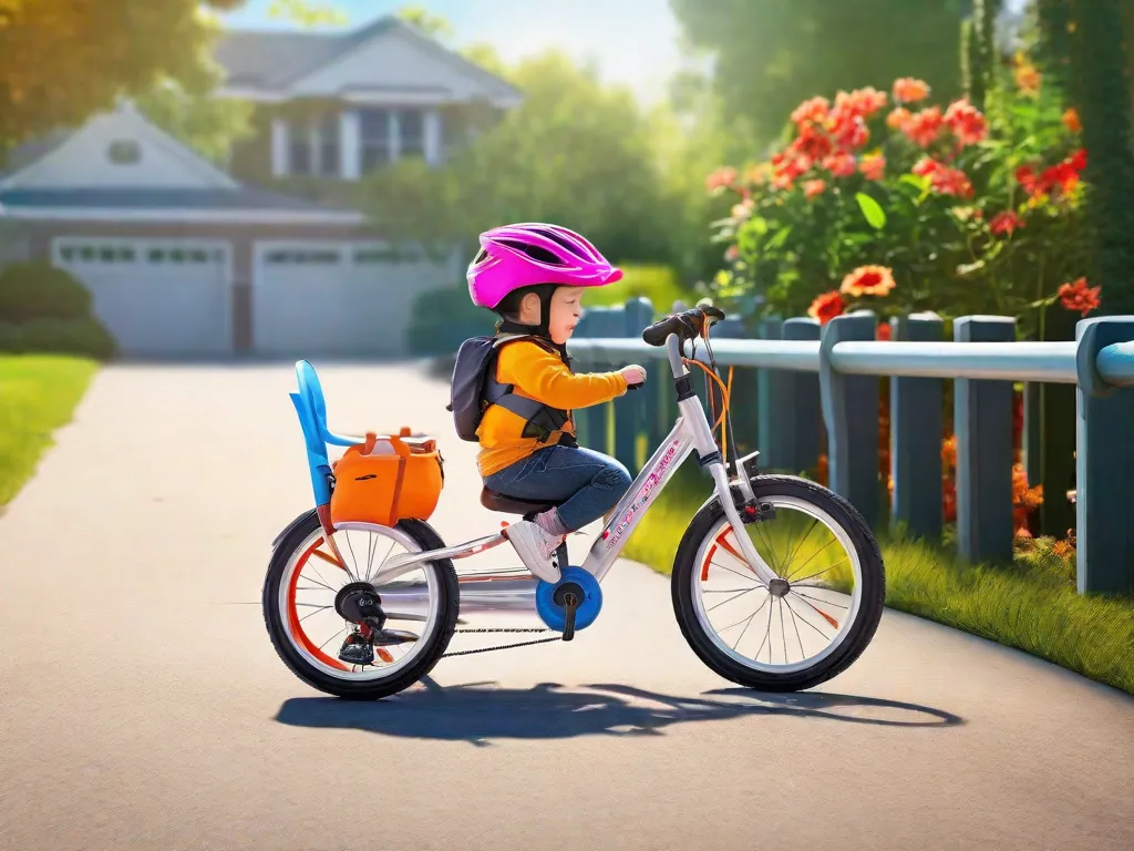 Descrição da imagem: Uma cena vibrante e ensolarada mostrando uma bicicleta com um assento infantil resistente acoplado na parte de trás. O assento é colorido e equipado com cintas de segurança, proporcionando um espaço seguro e confortável para uma criança pequena andar de bicicleta junto. A imagem destaca a importância dos assentos infantis para garantir a segurança dos pequenos durante os passe