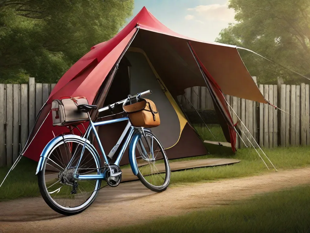 Uma bicicleta estacionada contra uma cerca de madeira rústica com um cenário campestre pitoresco ao fundo. Bolsas alforjes estão presas à bicicleta, um capacete pende do guidão, e uma barraca compacta e enrolada está segura ao quadro, sugerindo aventura e autossuficiência na estrada aberta.