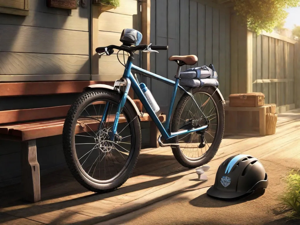 Uma bicicleta está encostada em um banco de madeira, com um capacete repousando no selim. Por perto, uma garrafa de água, uma pequena bomba, um conjunto de ferramentas multifuncionais e um par de luvas estão organizados de forma arrumada no banco. O sol da manhã cedo sugere o início da aventura do dia.