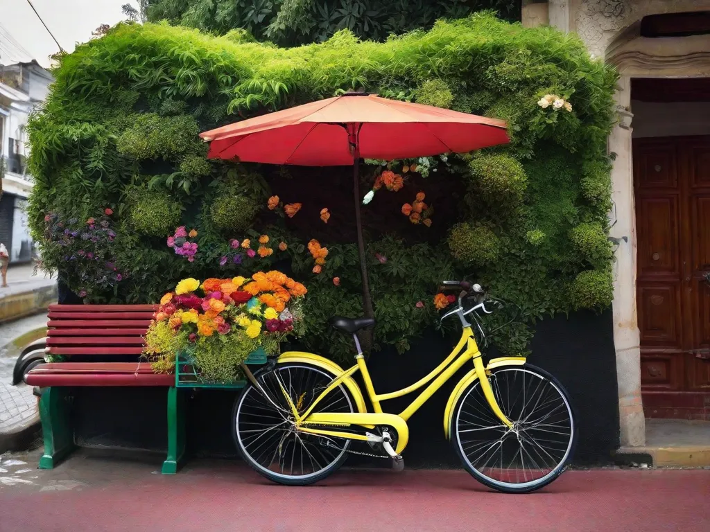 A imagem mostra uma bicicleta estacionada em um lindo campo verdejante, com flores coloridas ao redor. O ciclista está sentado em um banco próximo, admirando a paisagem natural e respirando ar fresco. A cena transmite a conexão entre pedalar e apreciar a beleza da natureza.