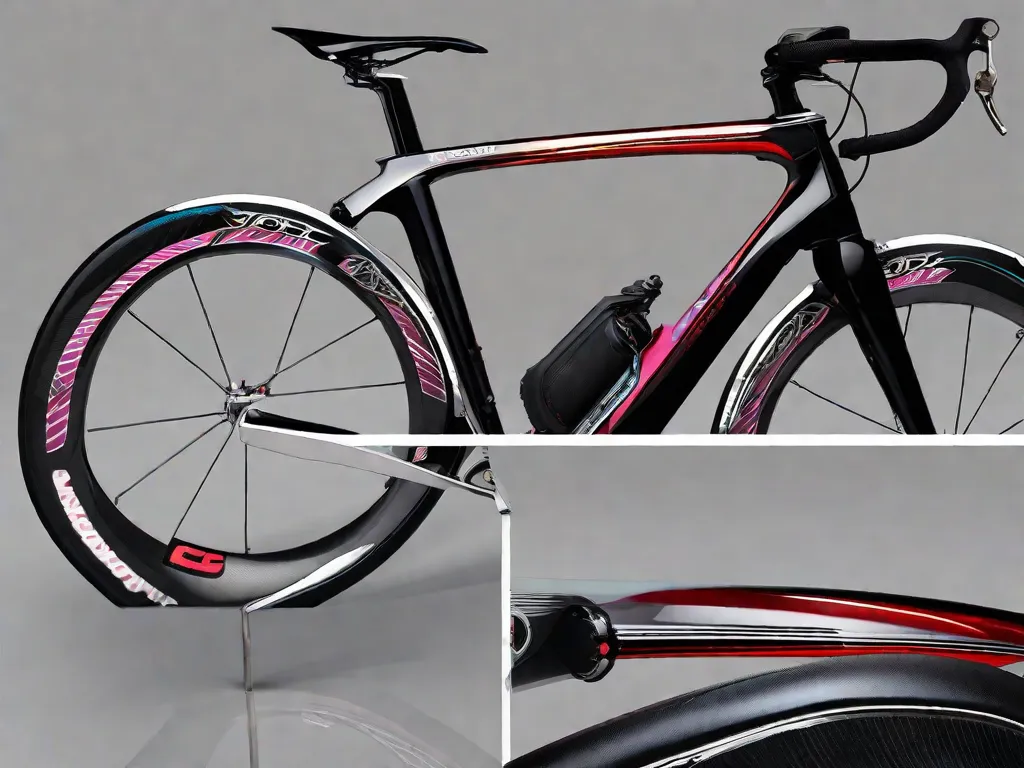 Descrição da imagem: Uma bicicleta elegante e futurista com um quadro de carbono leve e detalhes metálicos brilhantes. Ela é adornada com componentes de alta qualidade, como marchas, freios e rodas de última geração. A bicicleta é exibida em um cenário minimalista, enfatizando sua natureza luxuosa e cara.