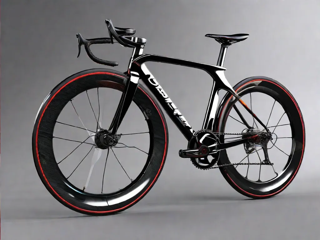 Descrição da imagem: Uma bicicleta elegante e futurista feita inteiramente de fibra de carbono, com um quadro preto brilhante e detalhes prateados brilhantes. Ela possui componentes de última geração, como um guidão leve de titânio, freios a disco de alto desempenho e um sistema de marchas eletrônico de última geração. A bicicleta exala lux