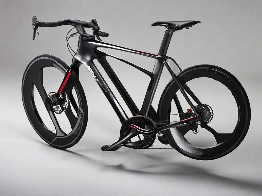 Descrição da imagem: Uma bicicleta elegante e futurista feita inteiramente de fibra de carbono, com um quadro preto brilhante e detalhes prateados brilhantes. Ela possui componentes de última geração, como um guidão leve de titânio, freios a disco de alto desempenho e um sistema de marchas eletrônico de última geração. A bicicleta exala lux