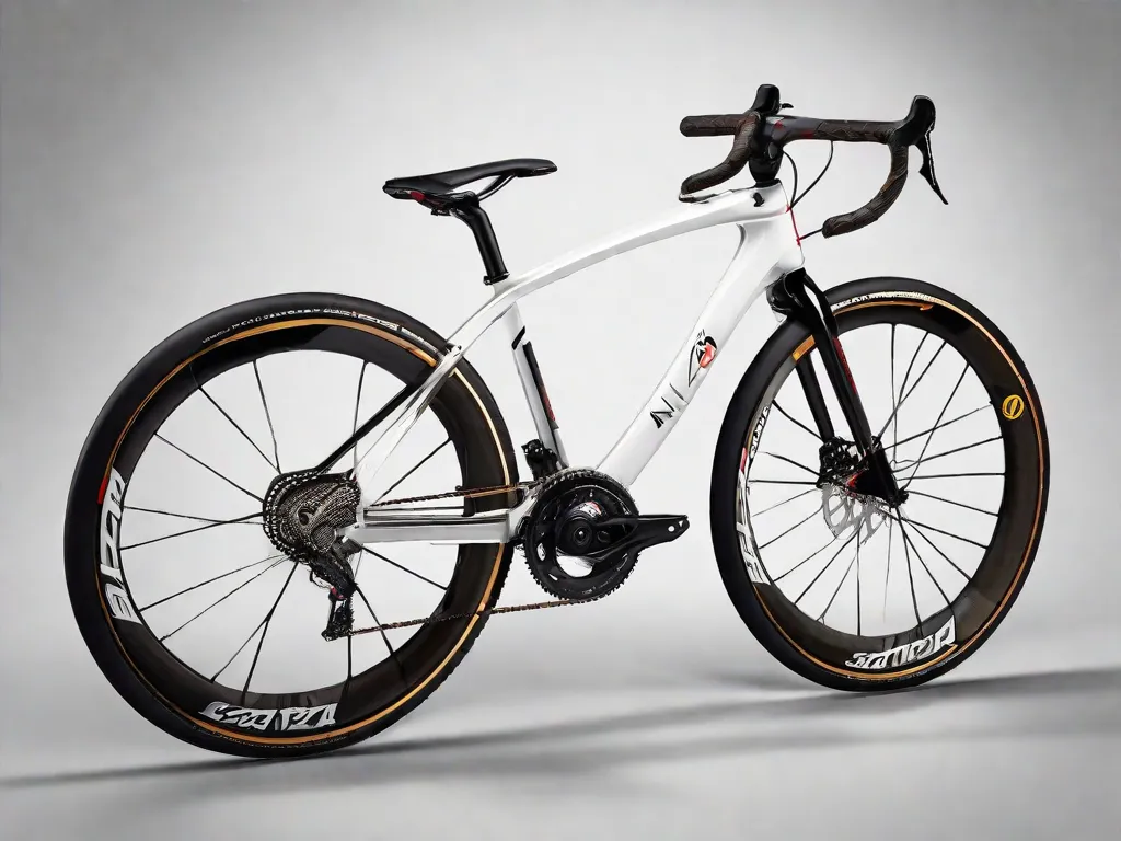 Uma imagem de uma bicicleta elegante e moderna com componentes de fibra de carbono. A bicicleta é exibida contra um fundo branco limpo, destacando suas características leves e de alto desempenho. O quadro, guidão e rodas de fibra de carbono exalam sofisticação e tecnologia de ponta.