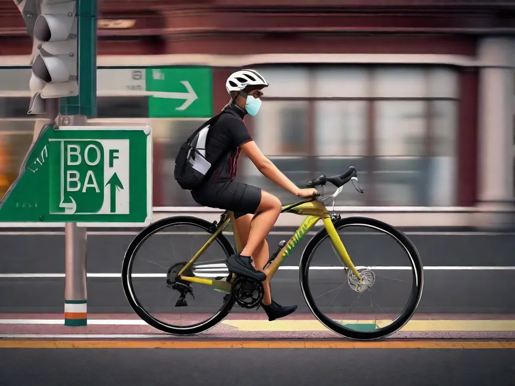 Uma bicicleta está encostada em uma placa de sinalização de rua da cidade, com semáforos e marcações de via claramente visíveis. Um capacete repousa sobre o guidão, enfatizando a segurança e a adesão às normas de trânsito.