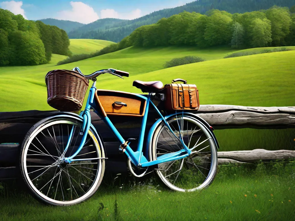 Uma bicicleta apoiada contra uma cerca de madeira rústica com um pano de fundo de colinas verdes ondulantes sob um céu azul limpo. O cesto da frente da bicicleta contém uma câmera vintage, um mapa e uma garrafa de água, prontos para um dia de exploração e fotografia em trilhas cênicas.