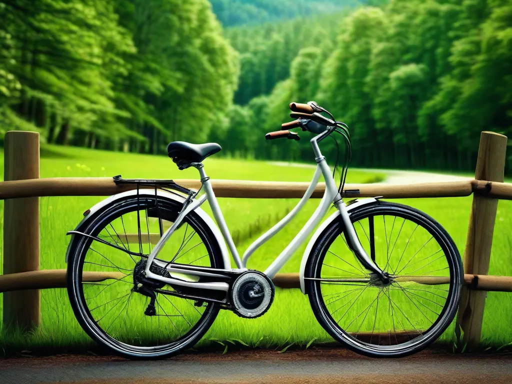 Uma imagem serena de uma bicicleta encostada em uma cerca de madeira, com uma floresta verdejante ao fundo, destacando a natureza ecológica do ciclismo como um meio de transporte que reduz a pegada de carbono e promove a sustentabilidade ambiental.