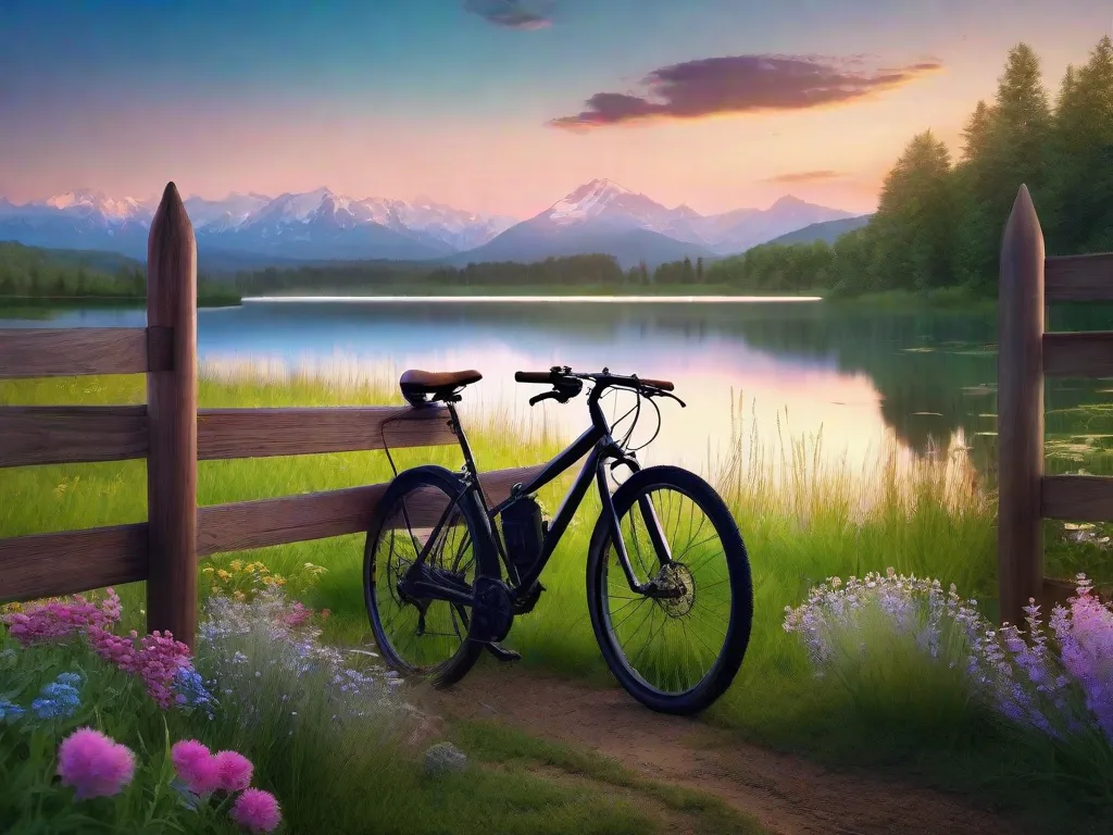 Uma bicicleta solitária está encostada em uma velha cerca de madeira cercada por um prado exuberante com flores silvestres. Ao fundo, um lago sereno reflete os suaves tons pastel de um pôr do sol tranquilo, com montanhas distantes completando a cena pacífica.
