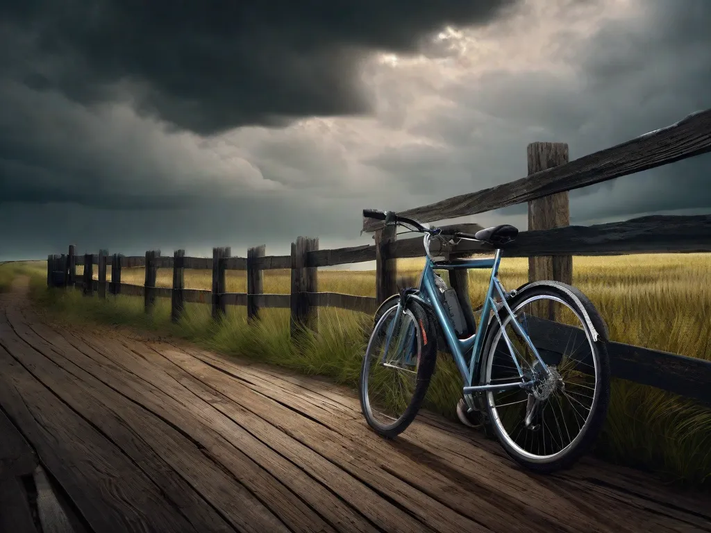 Uma bicicleta está encostada em uma cerca de madeira desgastada pelo tempo, com nuvens de tempestade se acumulando de forma ameaçadora no céu acima. Estradas vazias, varridas pelo vento, se estendem ao longe, insinuando os desafios que os ciclistas enfrentam quando as condições climáticas se tornam severas.