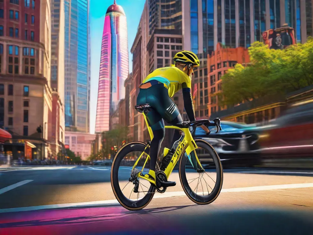 Uma bicicleta de estrada elegante está encostada em um mural vibrante da cidade, com arranha-céus se erguendo ao fundo. Os pneus finos e o quadro leve da bicicleta sugerem velocidade e manobrabilidade em meio ao tráfego urbano agitado.