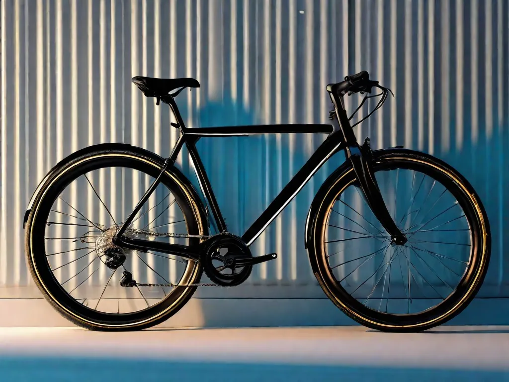 Uma bicicleta urbana moderna está encostada em uma parede de azul vibrante, equipada com um cadeado resistente, luzes refletoras e um elegante capacete preto repousando no guidão, simbolizando tanto a conveniência quanto a segurança no ciclismo urbano.