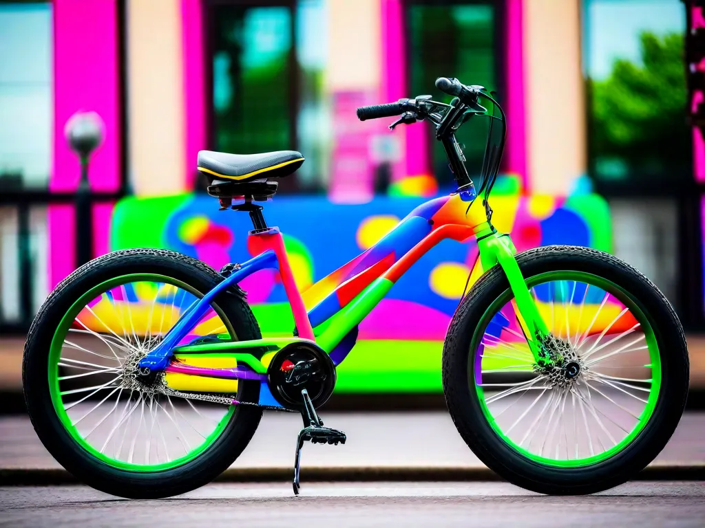 A imagem mostra uma bicicleta colorida com rodinhas removíveis ao lado de uma criança sorridente, vestindo um capacete de segurança. Ela está comemorando seus primeiros passeios independentes, demonstrando confiança e alegria enquanto pedala pela rua ensolarada.