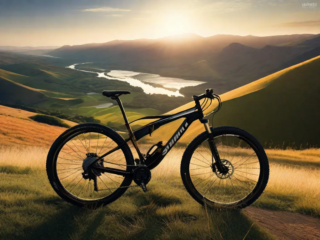 Uma bicicleta estacionada no topo de uma colina, com vista panorâmica de um vale com um rio serpenteando por ele. O sol da manhã cedo lança um brilho quente sobre a paisagem, com sombras alongadas acentuando os contornos do terreno.