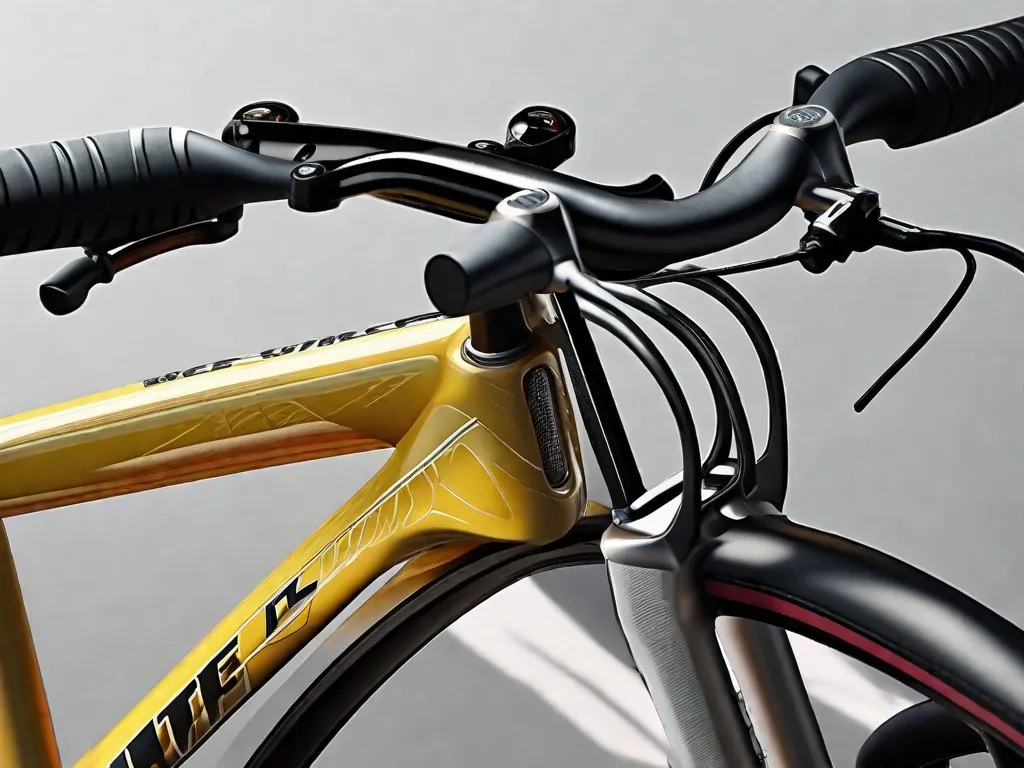Descrição da imagem: Um close-up dos guidões e freios de uma bicicleta, mostrando os detalhes intricados e os toques finais. Os manetes do guidão são elegantes e confortáveis, enquanto os freios estão perfeitamente alinhados e prontos para a ação. A imagem captura a meticulosa habilidade que é necessária para completar uma bicicleta.