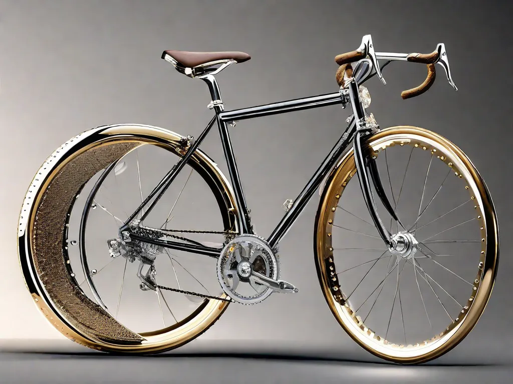 Uma imagem em close-up de uma bicicleta elegante e sofisticada com acabamento cravejado de diamantes. Os diamantes brilhantes realçam lindamente o quadro, guidão e rodas, adicionando um toque de luxo e sofisticação a essa bicicleta extraordinária. É uma verdadeira obra-prima de habilidade e estilo.