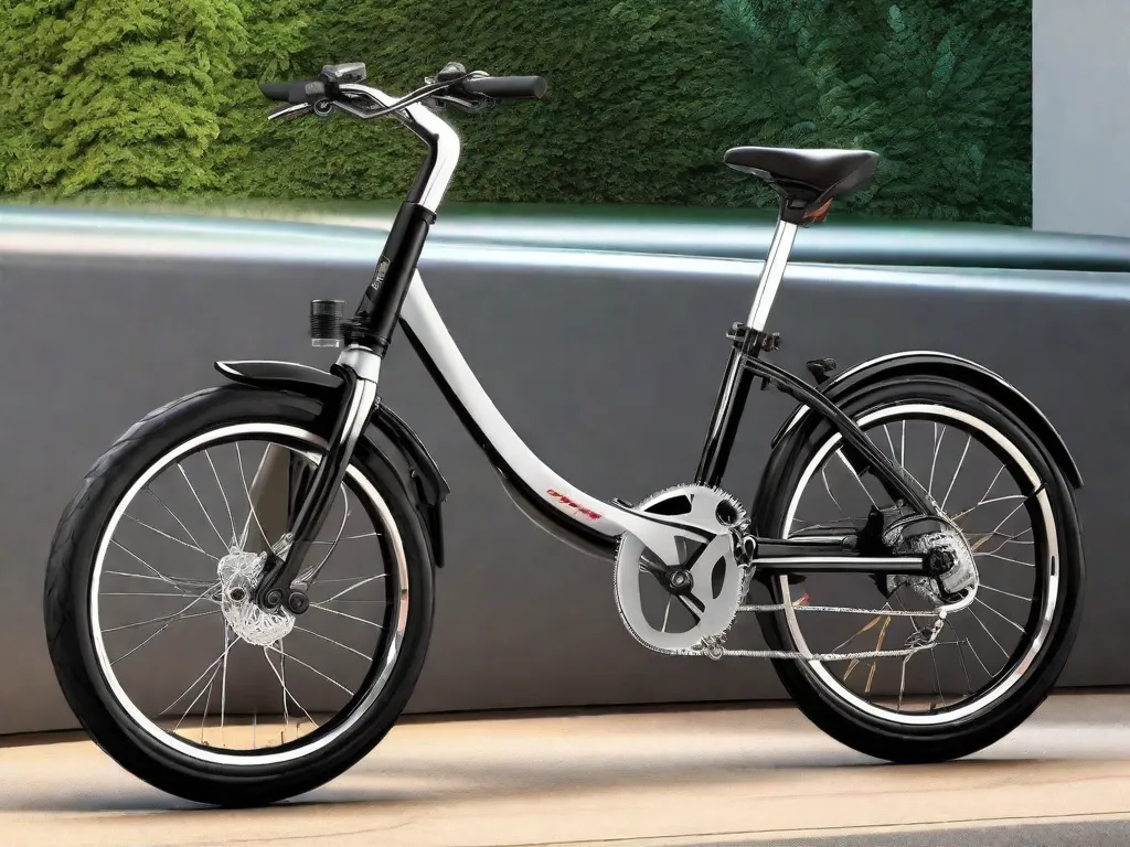 Uma bicicleta dobrável elegante e compacta está encostada em um banco de parque vibrante na cidade. Seu quadro tem um acabamento preto fosco, com dobradiças prateadas brilhantes no ponto médio e no guidão, destacando seu design dobrável. A bicicleta está equipada com rodas aerodinâmicas, pronta para a conveniência de um pendular urbano.
