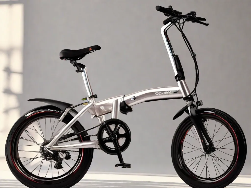 Uma bicicleta dobrável elegante encostada em uma parede brilhante e iluminada pelo sol. Seu quadro tem um tom metálico brilhante com detalhes em preto, e o design compacto apresenta rodas pequenas, mas robustas, um assento confortável e um mecanismo de dobragem rápido e simples, destacado por suas linhas limpas e portabilidade.