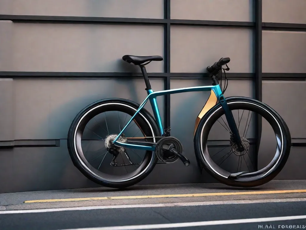 Uma bicicleta dobrável elegante encostada em uma parede urbana minimalista, seu quadro compacto e design portátil realçados pela paisagem urbana ao fundo, ilustrando a conveniência e os benefícios de economia de espaço de uma bicicleta dobrável.