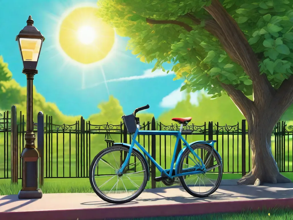 Uma bicicleta está apoiada em um banco de parque verdejante e exuberante. O quadro da bicicleta é decorado com gadgets ecológicos, incluindo uma luz alimentada por energia solar e uma garrafa de água feita à base de plantas. Ao fundo, uma vibrante variedade de árvores e um céu azul límpido enfatizam a sustentabilidade e a harmon
