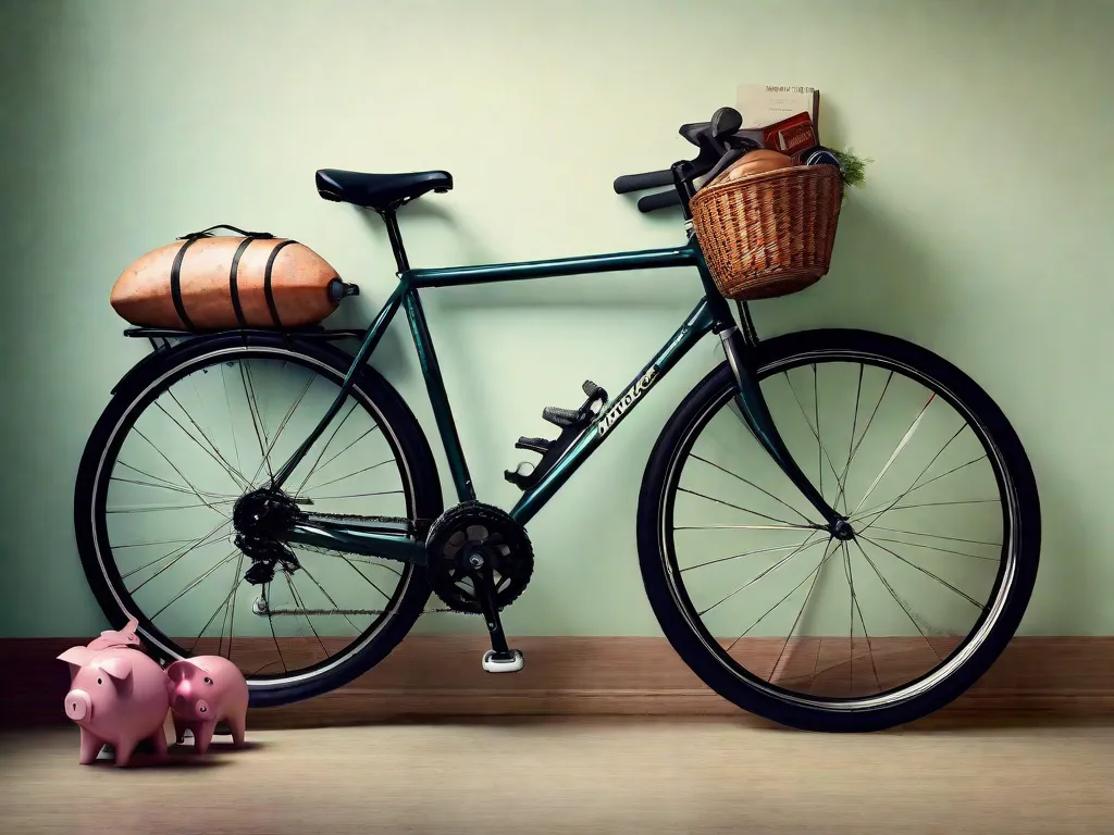 Uma bicicleta encostada em uma parede com um cofrinho em forma de porquinho no selim, uma calculadora e um mapa aberto sobre o guidão, simbolizando viagens econômicas e a economia de dinheiro através do ciclismo.