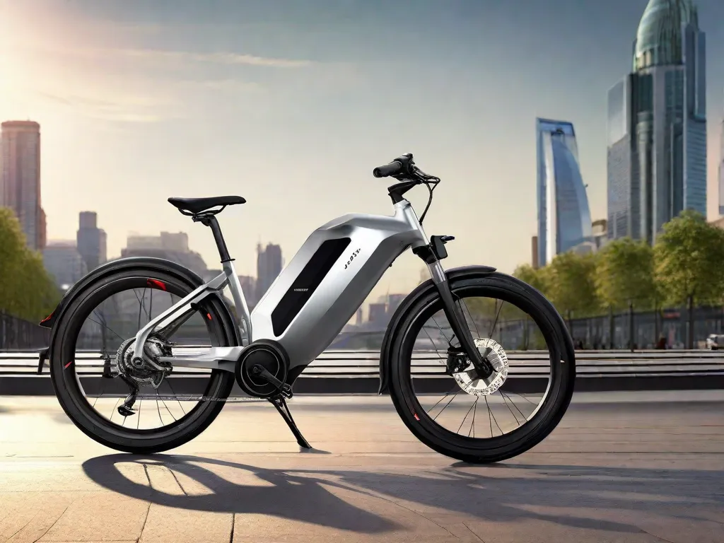 Uma elegante bicicleta elétrica está apoiada em um banco de cidade moderno, com seu pacote de bateria sutilmente integrado ao quadro. O guidão possui um display de controle intuitivo, enquanto o cubo da roda traseira abriga um motor compacto, mas potente. A bicicleta está posicionada para exibir uma movimentada rua urbana ao fundo.