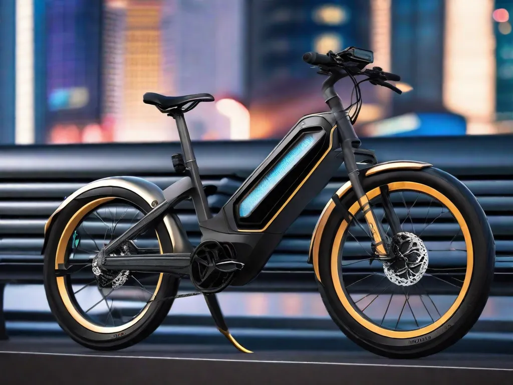Uma elegante bicicleta elétrica está encostada em um banco de cidade moderno, com seu pacote de bateria proeminentemente exibido. A bicicleta possui um painel de controle intuitivo no guidão, com um acabamento preto fosco e detalhes brilhantes que destacam seu design.