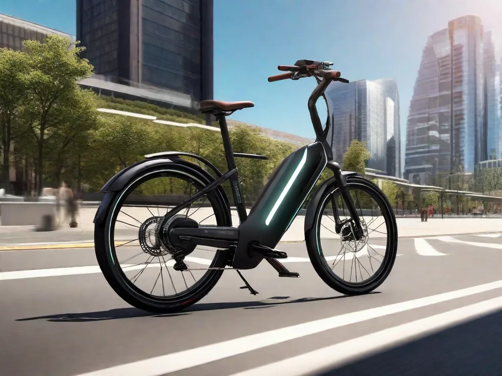 Uma elegante bicicleta elétrica está encostada em um banco de cidade moderno, com seu pacote de bateria proeminentemente exibido. A bicicleta possui um painel de controle intuitivo no guidão, com um acabamento preto fosco e detalhes brilhantes que destacam seu design.