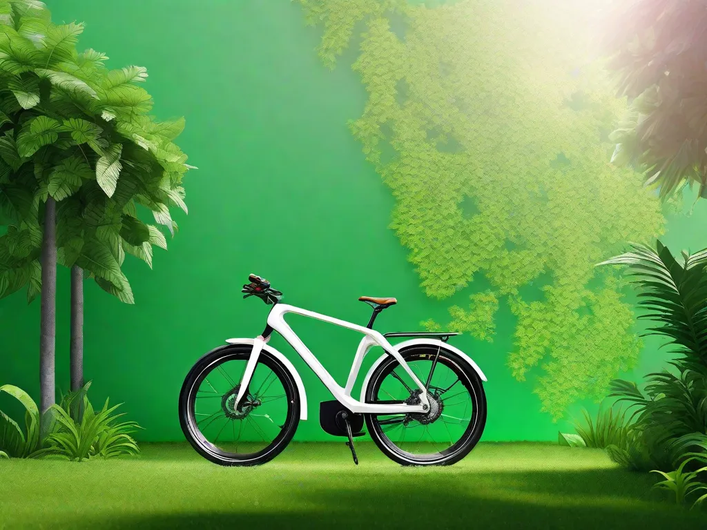 Uma elegante bicicleta elétrica estacionada contra um vibrante fundo verde de folhagem exuberante, destacando o aspecto ecológico do ciclismo com zero emissões de CO2. A bicicleta exibe um pacote de bateria, sinalizando suas capacidades elétricas.