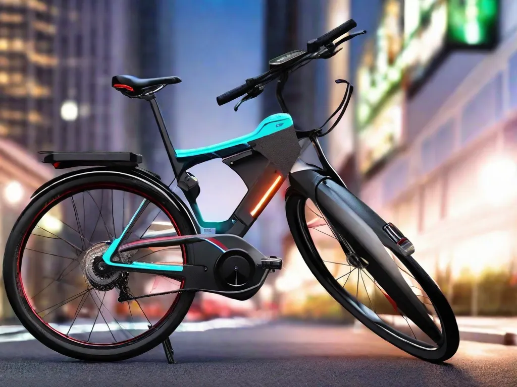 Uma imagem em close-up de uma bicicleta elétrica estacionada em uma rua da cidade. A bicicleta possui um design elegante e tecnologia moderna, com uma bateria montada no quadro. Essa imagem representa o tema