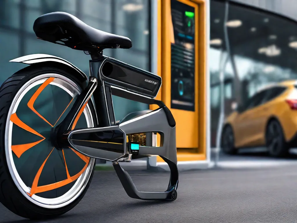 Descrição da imagem: Um close de uma bicicleta elétrica elegante e moderna estacionada em uma rua da cidade. A bicicleta possui um quadro leve, bateria integrada e um display digital mostrando a carga restante. A imagem retrata a conveniência e a natureza ecologicamente correta das bicicletas elétricas como uma opção de transporte econômica.