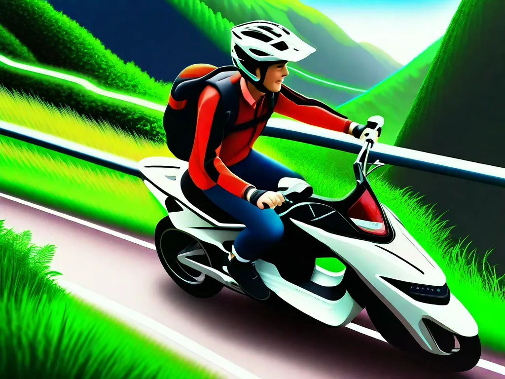 Descrição da imagem: Um close de uma pessoa andando de bicicleta elétrica em uma trilha de montanha cênica. O ciclista está usando um capacete e um sorriso, navegando sem esforço pela vegetação exuberante. A imagem captura a liberdade, conveniência e natureza ecologicamente correta das bicicletas elétricas, destacando seus muitos benefícios tanto para o meio ambiente