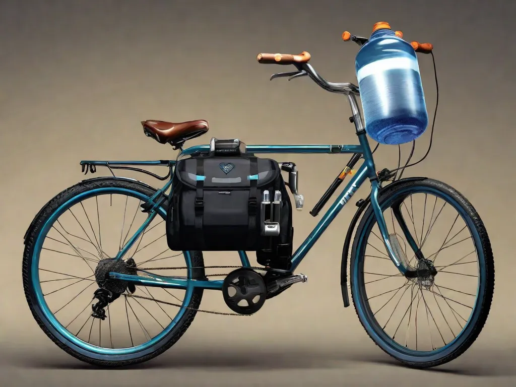 Uma bicicleta equipada com acessórios essenciais: uma garrafa de água em seu suporte, luzes dianteira e traseira, uma bomba compacta presa ao quadro, uma bolsa de selim sob o assento contendo uma ferramenta multifuncional, câmara de ar reserva e espátulas para pneu, e um capacete repousando sobre o guidão.