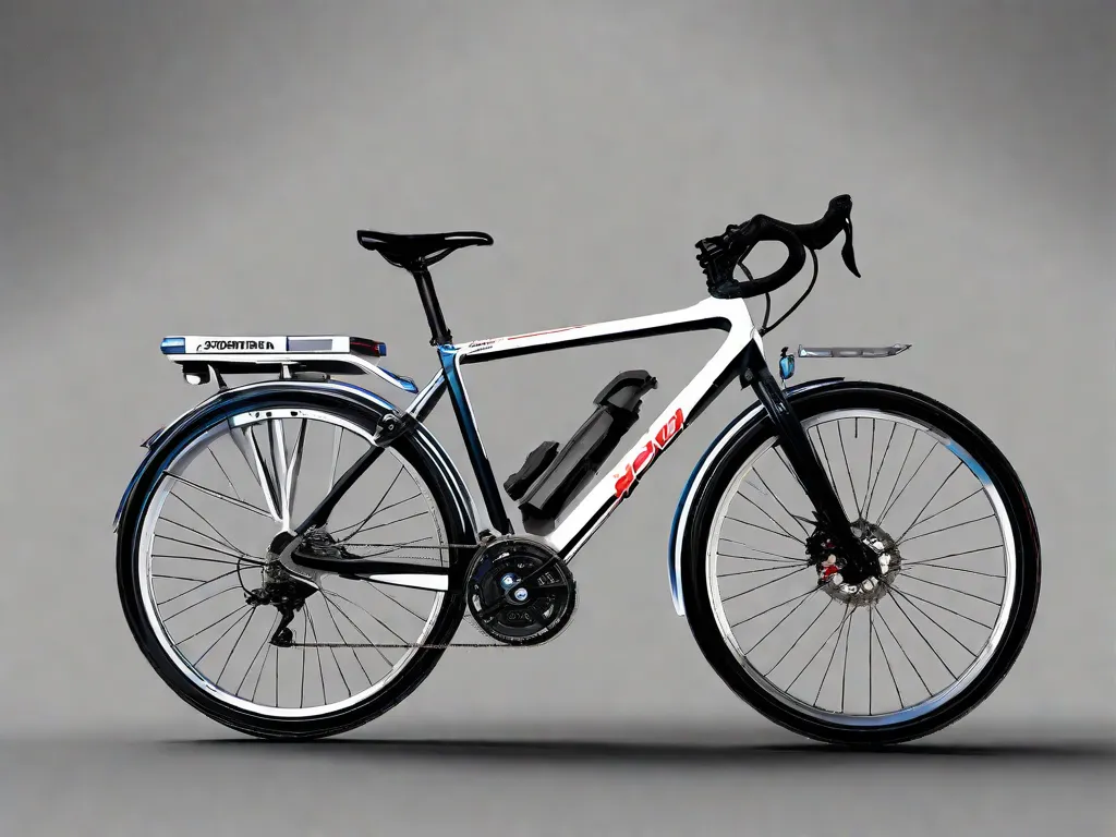 Uma bicicleta montada em um suporte de bicicleta elegante e resistente, com um close nos equipamentos essenciais: um capacete pendurado no guidão, uma garrafa de água presa em seu suporte, luzes dianteiras e traseiras brilhantes anexadas, um kit de ferramentas compacto e roupas de segurança refletivas drapeadas sobre o assento.