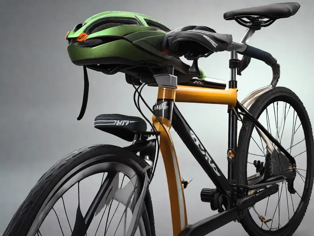 Uma bicicleta montada em um suporte, cercada por equipamentos essenciais: um capacete descansando no guidão, um par de luvas e óculos de sol apoiados no selim, uma garrafa de água no suporte do quadro, um pequeno kit de reparo e um colete de alta visibilidade drapeado sobre o quadro.