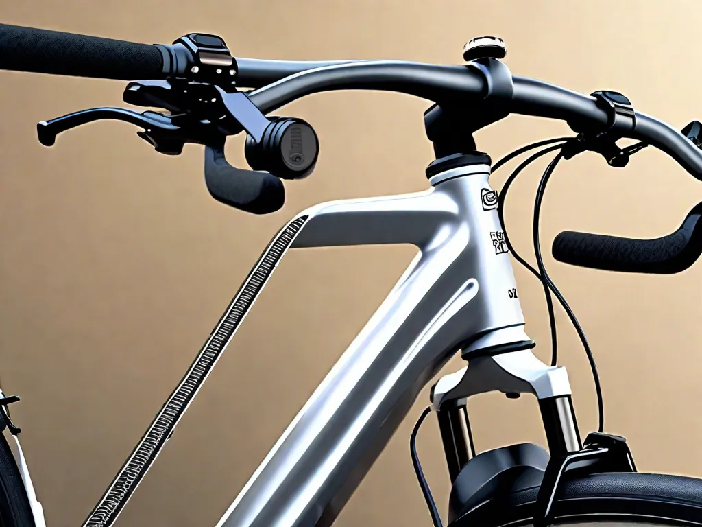 Descrição: Uma imagem em close-up do guidão de uma bicicleta, mostrando as várias características incríveis que ela oferece. A imagem destaca o design ergonômico, o sistema de navegação integrado, o assento ajustável e o mecanismo avançado de troca de marchas, enfatizando a incrível funcionalidade que essa bicicleta oferece para uma experiência de pedalada agradável e eficiente