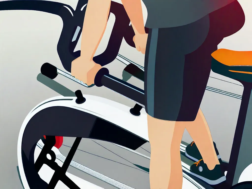 Descrição da imagem: Um close-up de uma pessoa sentada em uma bicicleta ergométrica estacionária, com as mãos descansando confortavelmente no guidão. A postura da pessoa é ereta e eles ajustaram a altura do assento e do guidão para garantir uma posição de pedalada confortável. A imagem destaca a importância dos ajustes adequados e oferece uma representação visual de conforto ao usar uma bicic