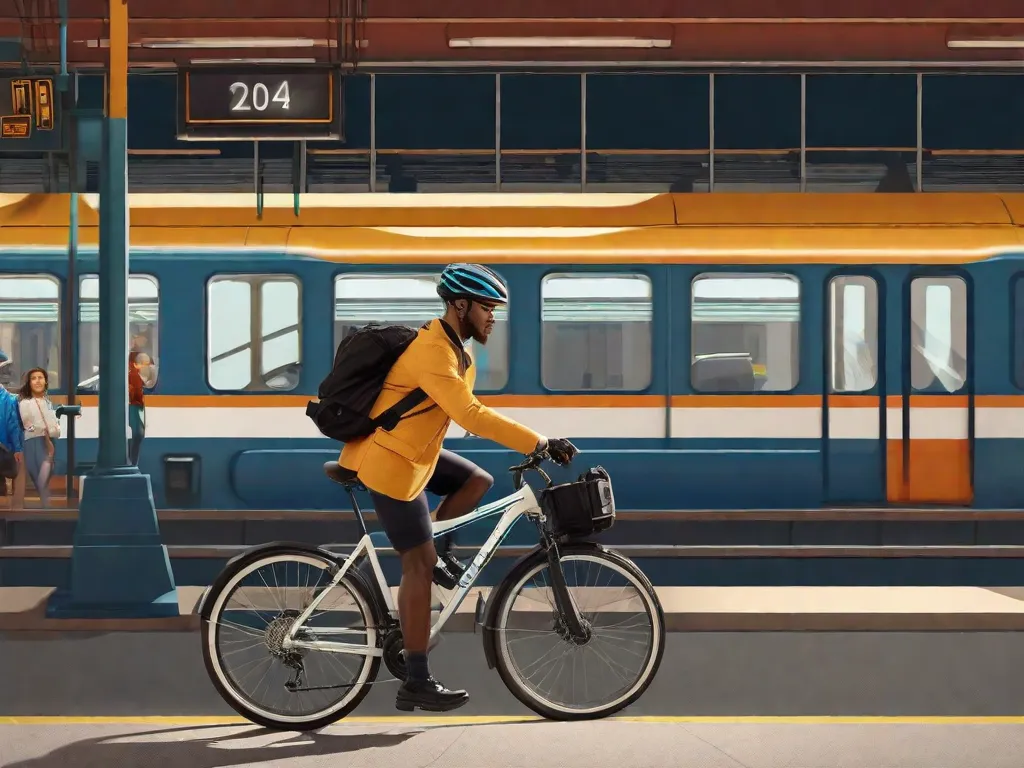 Uma imagem de uma bicicleta estacionada ao lado de uma estação de trem, com um ciclista segurando um bilhete em uma mão e um capacete de bicicleta na outra. O fundo mostra várias opções de transporte, como ônibus, táxis e pedestres, simbolizando a integração perfeita do ciclismo com outros modos de transporte.