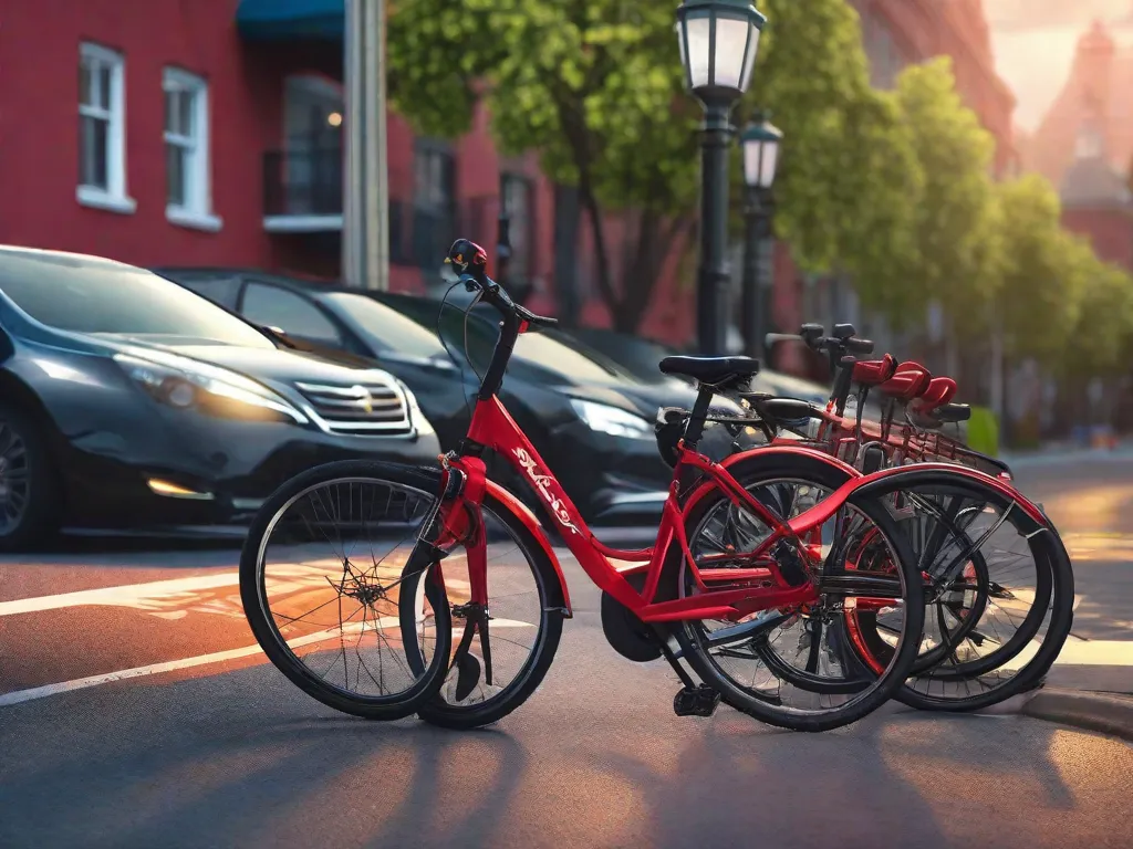 Descrição da imagem: Uma imagem vibrante mostrando uma bicicleta estacionada ao lado de uma fileira de carros em um ambiente urbano. A bicicleta se destaca, simbolizando a economia de custos do ciclismo em comparação com outros meios de transporte.